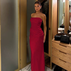 Xmsli | One-Line Collar Satin Zipper Tube Top Dress for Women, Pleated High-Waisted Slim Fit Maxi Skirt