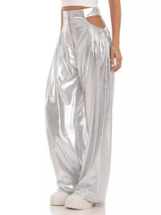 Xmsli | High-Waisted Shiny Silver Wide-Leg Pants for Women, Loose Fit Slim Straight-Leg Trousers