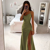 Xmsli | Bandeau Satin Slit midi Dress for Women, Sexy Hip Covering Bodycon Gown