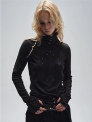 Xmsli | Turtleneck Raw Edge Printed Long-Sleeved T-Shirt - Slim Fit, Punk Style with Hot Diamond Ring Finger Design