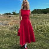 Xmsli | European & American Style Round Neck Sleeveless A-Line Mini Dress for Women - High Waist, Slim Fit, Sexy Backless Design