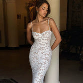 Xmsli | Low-Cut Backless Lace Suspender Maxi Dress for Women, Slim Fit Elegant Party Wear