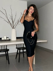 Xmsli | Black Strapless Bodycon Midi Dress for Women, Elegant Slim Fit Evening Wear