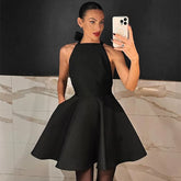 Xmsli | Sleeveless Backless Halterneck Satin Dress for Women, Slim Fit A-Line Evening Wear