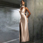 Xmsli | Sexy Deep V Halter Backless Maxi Dress with High Slit for Women