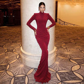 Xmsli | Pleated Shoulder-Pad Midi Dress for Women, Slim Fit Elegant Hip-Hugging Party Wear