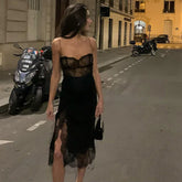Xmsli | Lace Stitching Suspender Slit Dress for Women, Slim Fit Trendy Party Wear