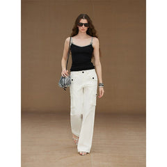 Xmsli | Low-Rise Straight Overalls with Three-Dimensional Pockets for Women, Retro Style Casual Jumpsuit