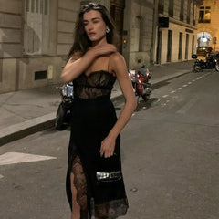 Xmsli | Lace Stitching Suspender Slit Dress for Women, Slim Fit Trendy Party Wear