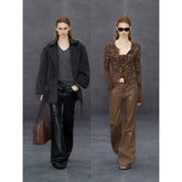 Xmsli | Low-Waisted Slightly Flared Leather Pants for Women, Straight Wide-Leg Casual Fashion Wear