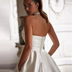 Xmsli | French Palace Satin Tube Top Wedding Dress, Slim A-Swing Princess Gown for Brides, Forest Style Fairy Bridal Gown