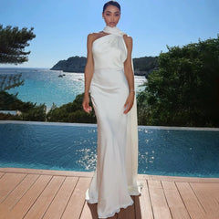 Xmsli | Satin Halter Neck Backless Dress for Women, Sexy Floor-Length Holiday Travel Gown