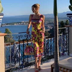 Xmsli | Printed Open-Back Suspender Maxi Dress for Women, Slim Fit Elegant Party Wear
