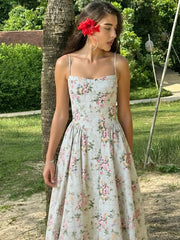 Xmsli | French Romantic Floral Suspender Mini Dress for Women - Adjustable Shoulder Straps, High Waist, Slim Fit with Fluffy Skirt