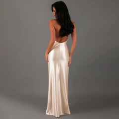 Xmsli | Sexy Deep V Halter Backless Maxi Dress with High Slit for Women