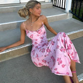 Xmsli | Printed Low-Cut Suspender Maxi Dress for Women, High-Waisted Backless Slim Fit Summer Wear