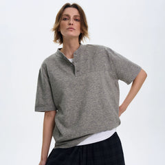Xmsli | High-End Retro Henry Collar Short-Sleeved T-Shirt for Men - Casual Knitted Top