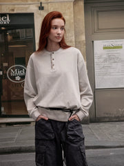 Xmsli | Vintage Hand-Stitched Henry Collar Pullover Sweatshirt for Men and Women - Loose Casual Long Sleeves