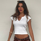 Xmsli | American BM Style Solid Color Buttoned Short-Sleeved T-Shirt for Women - Slim Fit, Basic Shoulder Top