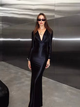 Xmsli | Satin V-Neck Long Sleeve Dress for Women, Slim Fit Elegant Evening Wear