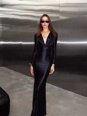 Xmsli | Satin V-Neck Long Sleeve Dress for Women, Slim Fit Elegant Evening Wear