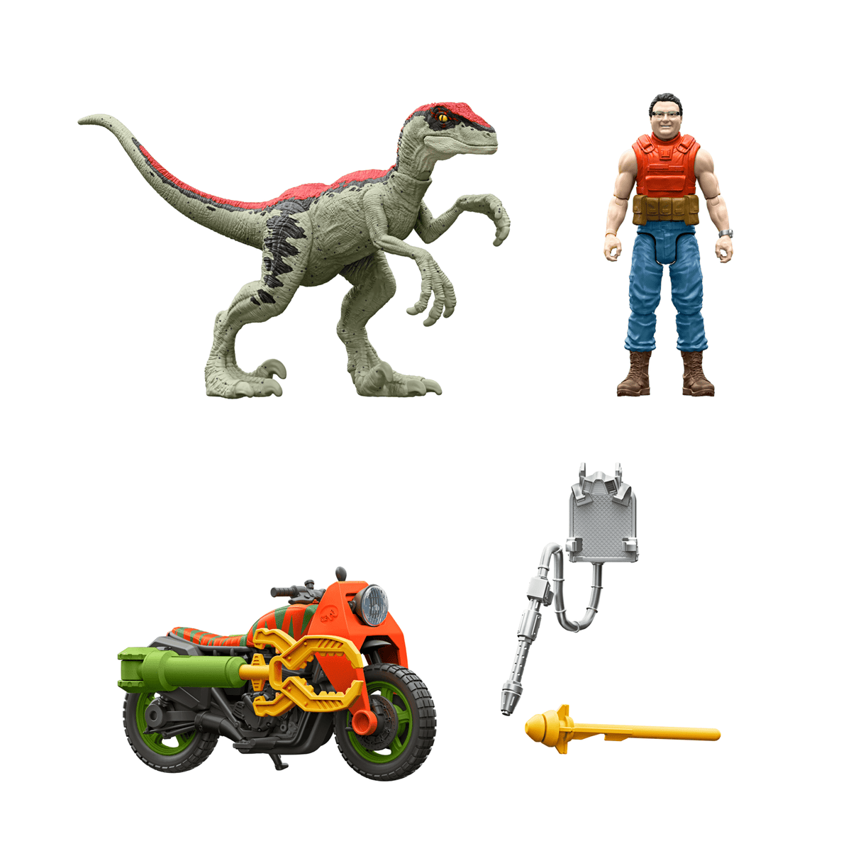 Jurassic Park ’93 Classic Dennis Nedry Action Figure, Motorcycle & Dinosaur Toy Set, 3.75-in Scale