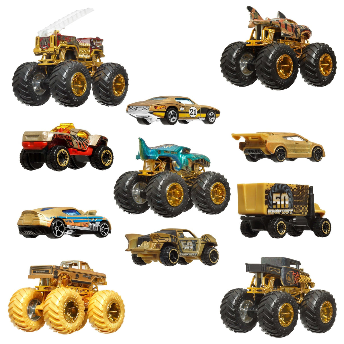 Hot Wheels Monster Trucks Trophy Champions Collection, 5 1:64 Scale Toy Trucks & 6 Die-Cast Cars