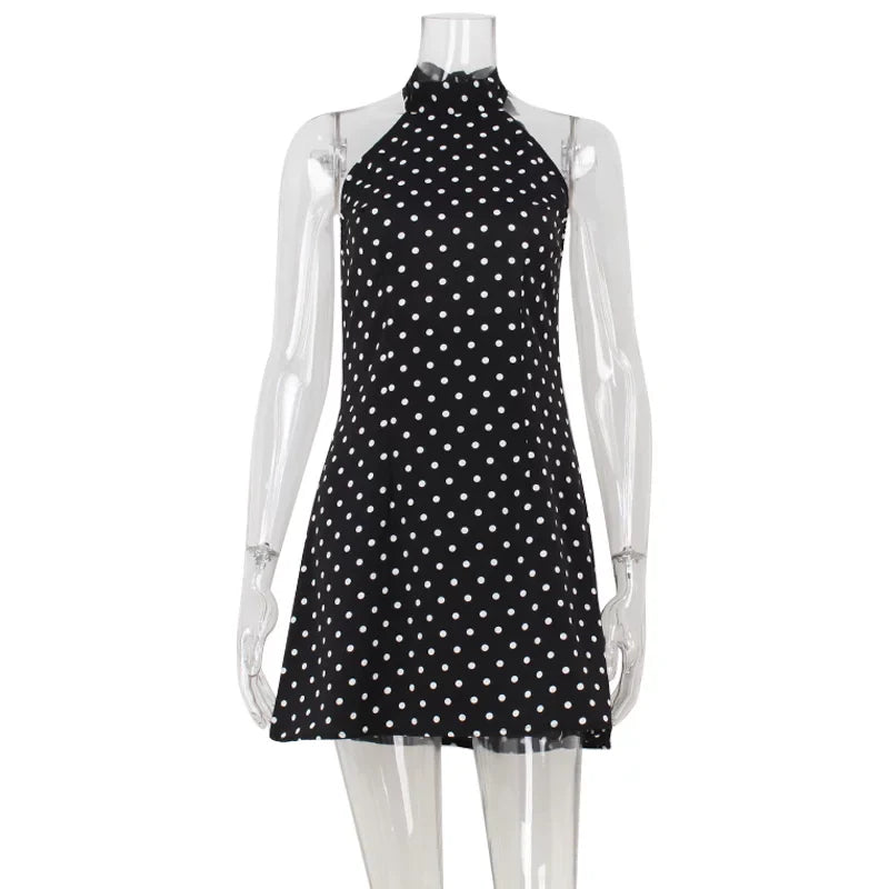 Xmsli | Retro Polka-Dot Backless Strappy Mini Dress for Women, Slim Fit Elegant Summer Wear