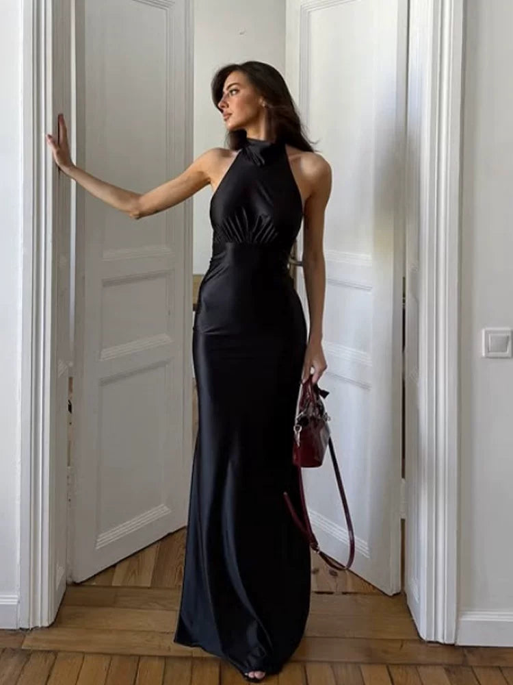 Xmsli | Elegant Satin Halter Neck Fishtail Evening maxi Dress for Women, Slim Fit Formal Gown