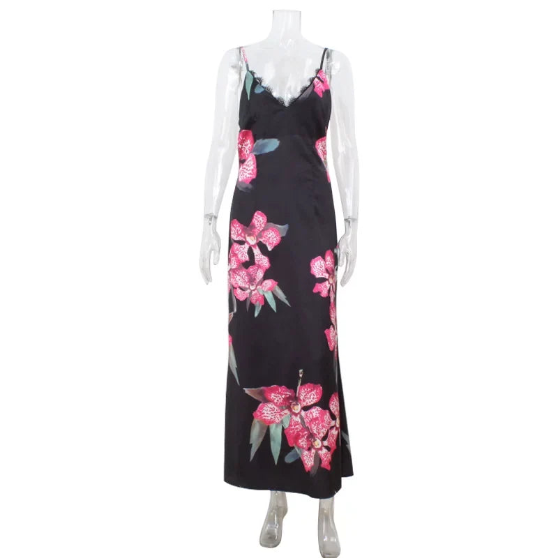 Xmsli | Printed Lace Splicing Suspender Maxi Dress for Women, V-Neck Backless Slim Fit Party Wear