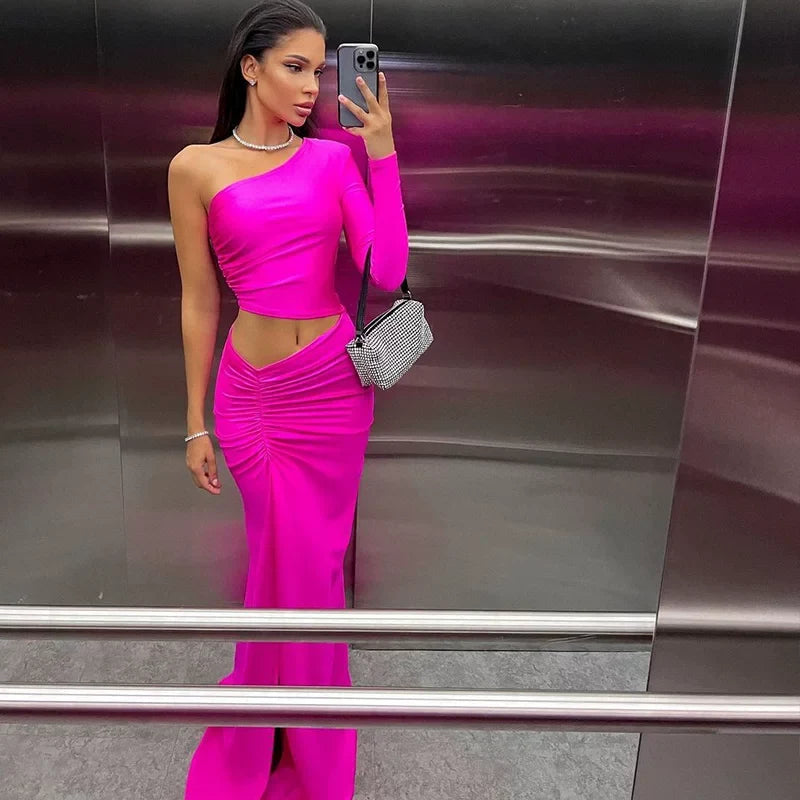 Xmsli | One-Shoulder Long Sleeve Maxi Dress for Women, Pleated High Slit Evening Wear