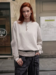 Xmsli | Vintage Hand-Stitched Henry Collar Pullover Sweatshirt for Men and Women - Loose Casual Long Sleeves