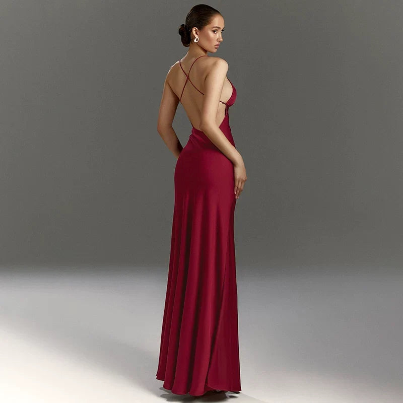 Xmsli | Deep V-Neck Suspender Dress for Women, High-Waisted Backless Slim Fit Maxi Skirt with Slit