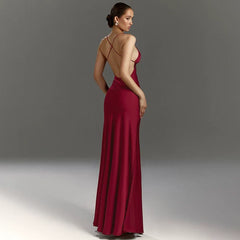 Xmsli | Deep V-Neck Suspender Dress for Women, High-Waisted Backless Slim Fit Maxi Skirt with Slit