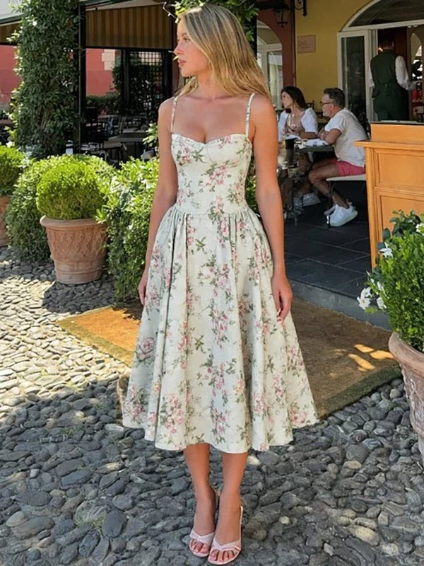 Xmsli | French Romantic Floral Suspender Mini Dress for Women - Adjustable Shoulder Straps, High Waist, Slim Fit with Fluffy Skirt