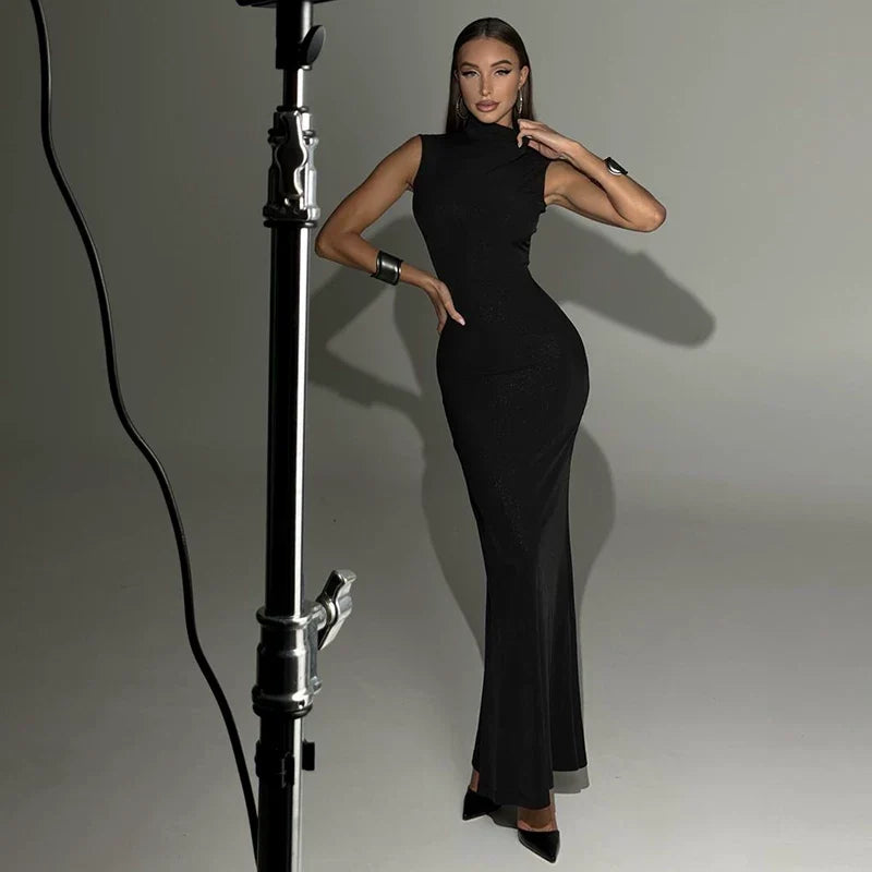 Xmsli | Sleeveless High-Neck Mermaid Maxi Dress for Women, Slim Waist Elegant Evening Wear