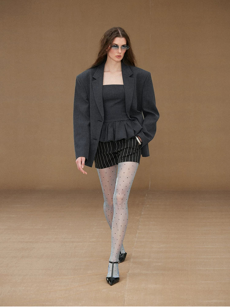Xmsli | Jacquard Striped Lapel Shirt Suit with Shorts for Women, Retro Style Tailored Set