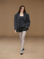 Xmsli | Jacquard Striped Lapel Shirt Suit with Shorts for Women, Retro Style Tailored Set