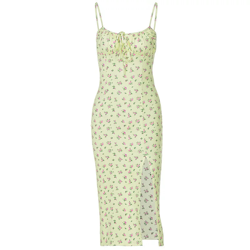 Xmsli | French Retro Gentle Yellow Floral Suspender Dress with Slit - Slim Fit, Midi-Length Skirt for Women