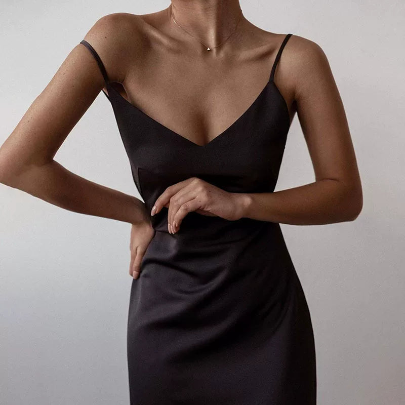 Xmsli | High-Waist Backless Suspender Midi Dress for Women, Slim Fit Elegant Party Wear