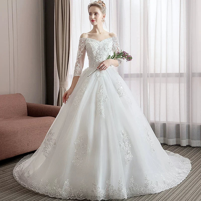 Xmsli | One-Shoulder Lace Wedding Dress with Large Train, Luxury Heavy Industrial Forest Style Bridal Gown for Pregnant Brides