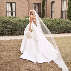 Xmsli | French Satin Tube Top Wedding Dress with High Slit, Slim Fit Super Fairy Bridal Gown for Travel Photography