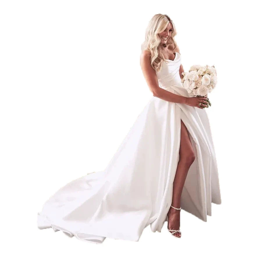 Xmsli | French Satin Tube Top Wedding Dress with High Slit, Slim Fit Super Fairy Bridal Gown for Travel Photography