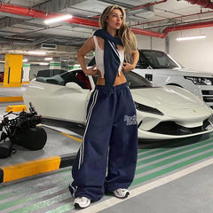 Xmsli | Parallel Bars Contrast Color Letter Print Wide Leg Pants for Women, Low-Waist Casual Street Style