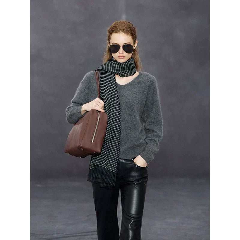Xmsli | New Arrival V-Neck Loose Fit Pure Wool Knitted Sweater for Women