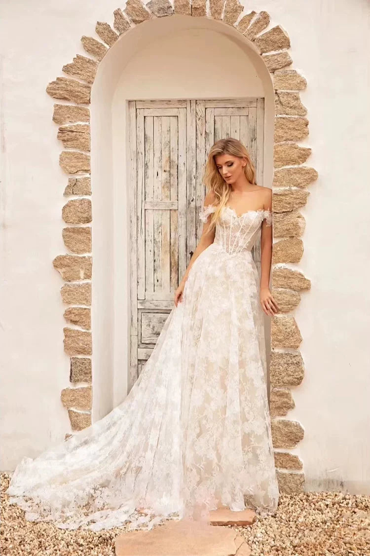 Xmsli | French One-Shoulder Light Wedding Dress for Brides, Simple and Elegant Gown with Feminine Veil