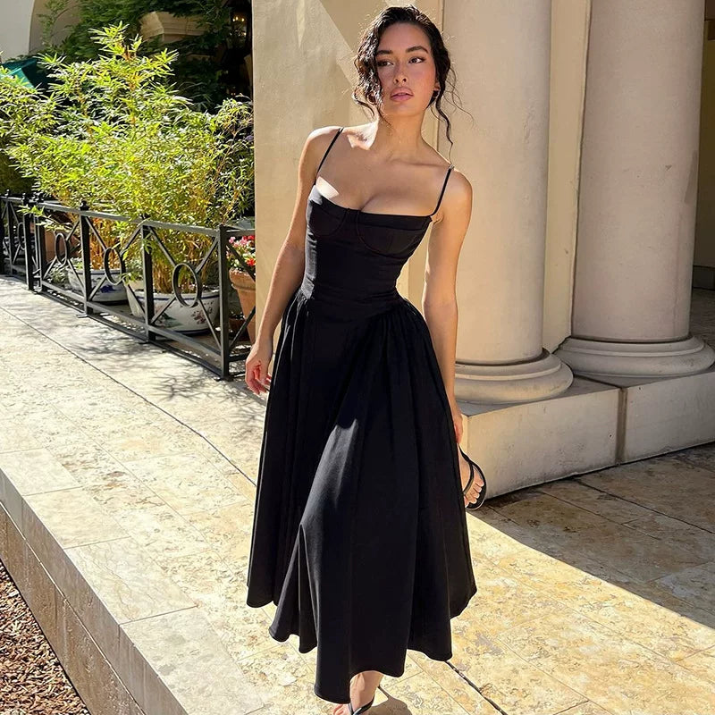 Xmsli | French Style Backless Zip-Up Tube Top Dress for Women, Slim Fit Waist-Hugging Maxi Wear
