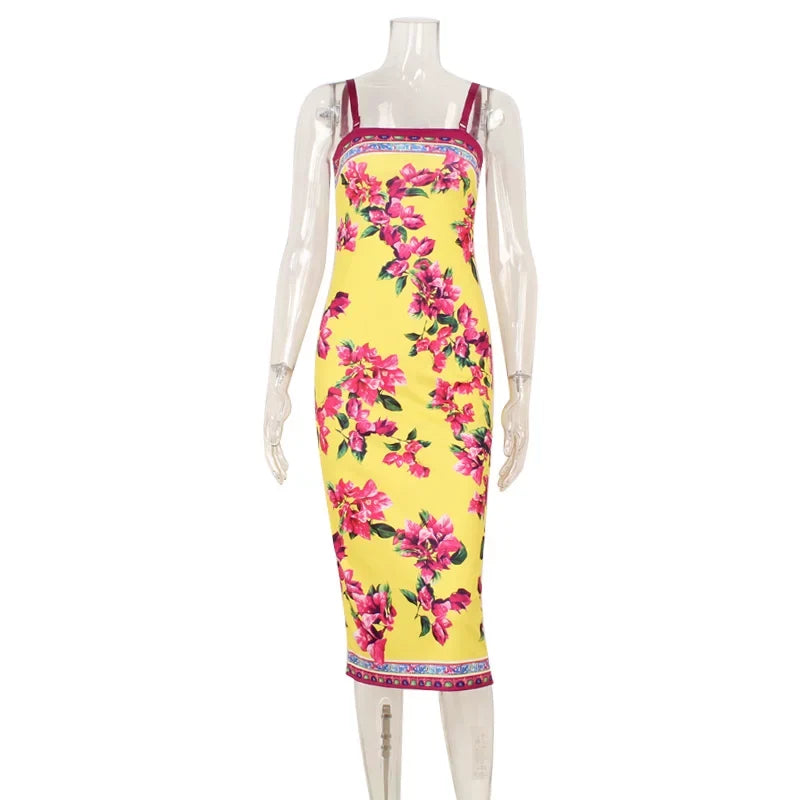 Xmsli | Printed Open-Back Suspender Maxi Dress for Women, Slim Fit Elegant Party Wear