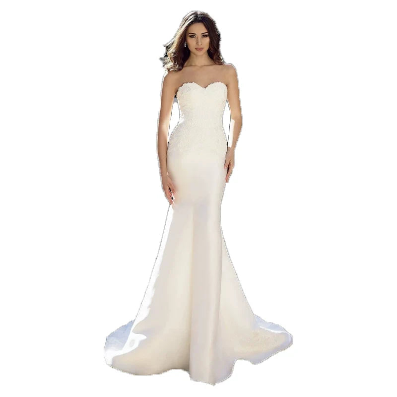 Xmsli | Strapless Mermaid Wedding Dress, Slim Princess French Satin Bridal Gown with Train for Travel Photography