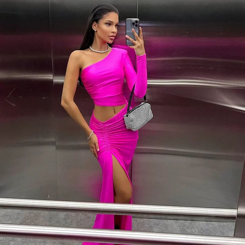 Xmsli | One-Shoulder Long Sleeve Maxi Dress for Women, Pleated High Slit Evening Wear